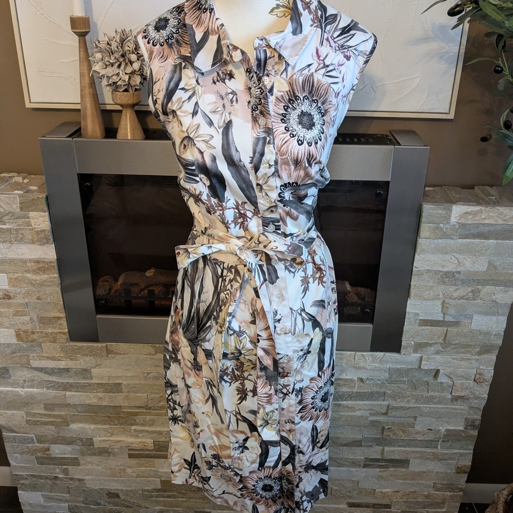 cleo Sleeveless Floral Midi Shirt Dress in White, Pink, Black